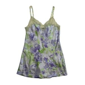 90s Jones New York Purple / Green Floral Lace Trim Slip